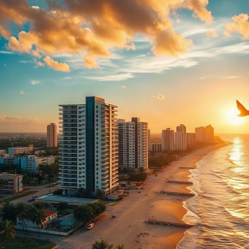 Vista aérea do bairro Meireles à beira-mar, em Fortaleza, ao entardecer